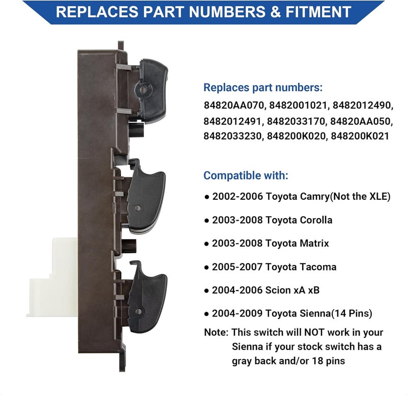 Obaee Master Door Lock Window Switch Control Button Compatible with Toyota Camry 2002-2006, Corolla/Matrix 03-08, Sienna 04-09, Tacoma 05-07, Scion xA/xB 04-06, Replace 84820AA070 901-705, 14 Pins - Image 2